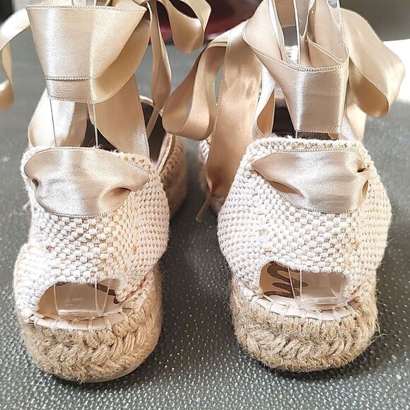 Sam Edelman ilia Gold Satin Ribbon Ankle Tie Closed Toe Espadrille Sandals - Picture 4 of 11